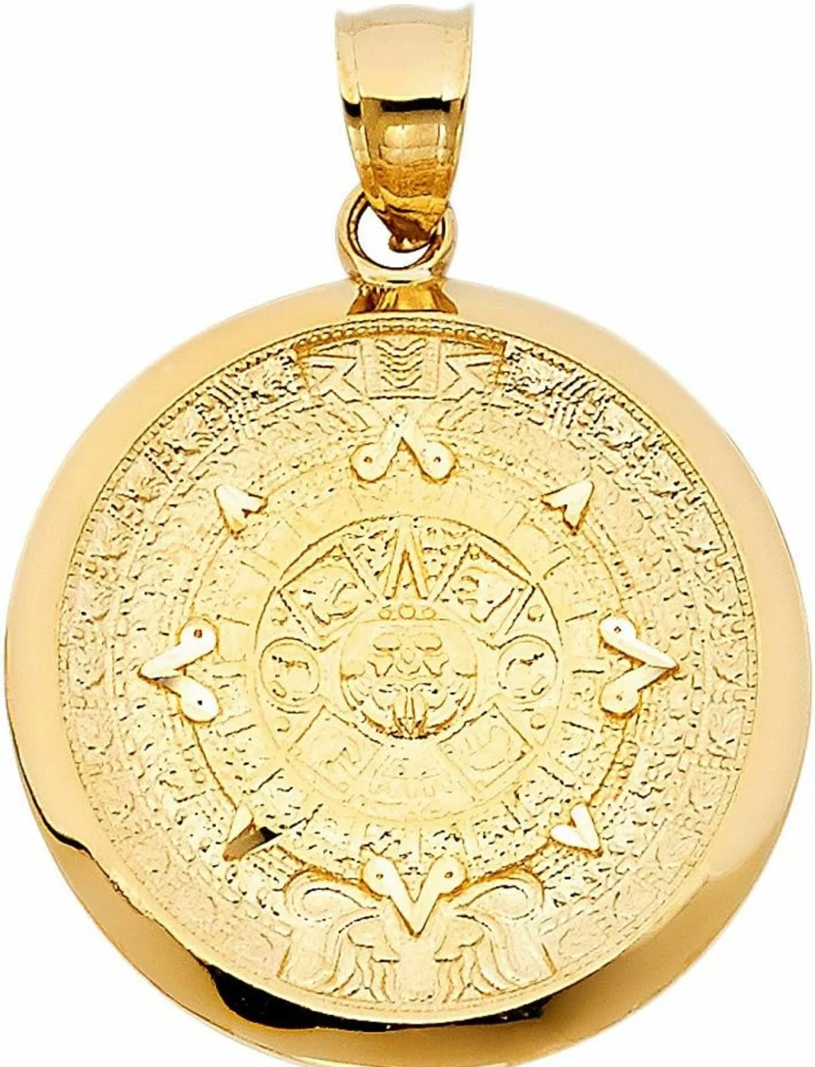 TGDJ Authentic Mayan Calendar Gold Pendant - 1 Inch Aztec Charm Necklace for Men & Women
