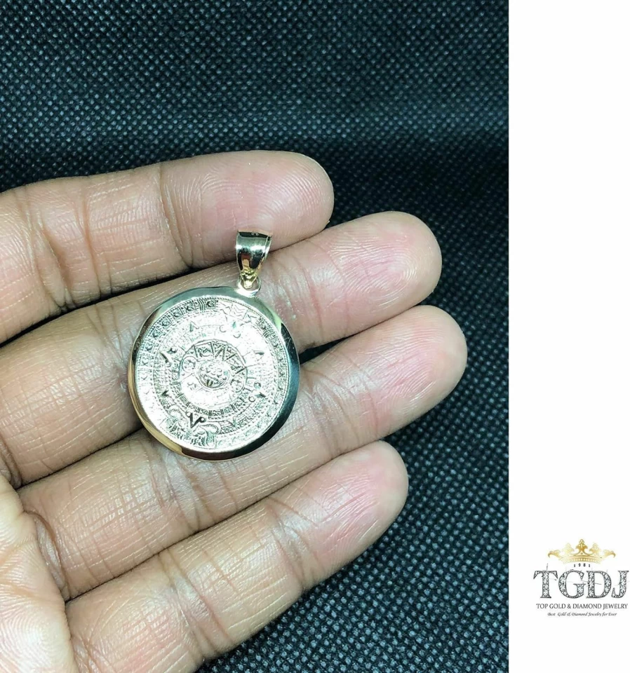 TGDJ Authentic Mayan Calendar Gold Pendant - 1 Inch Aztec Charm Necklace for Men & Women