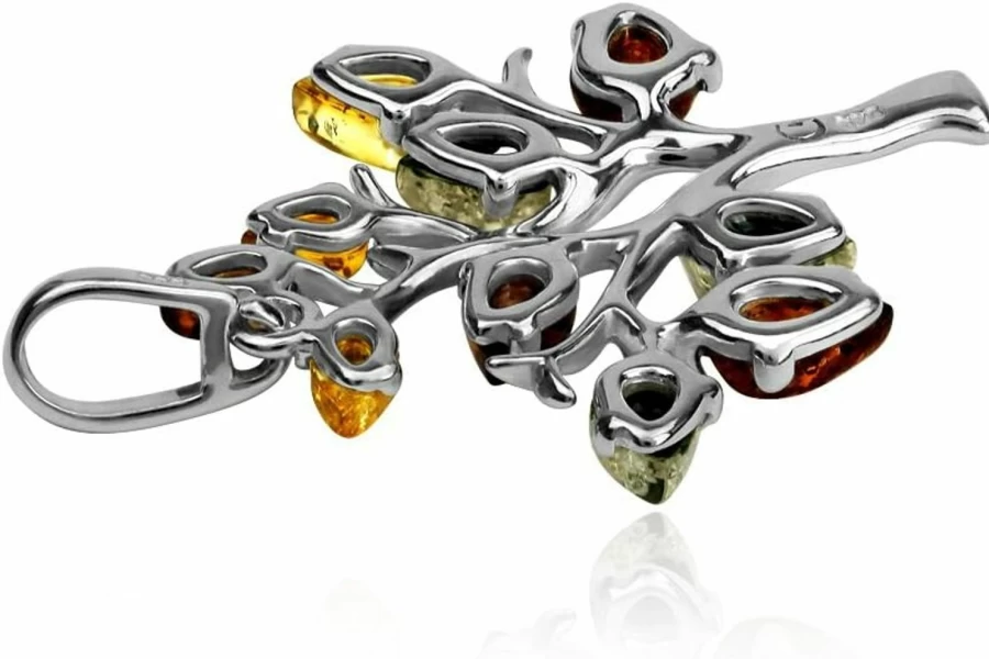 "Ian and Valeri Co. Sterling Silver Tree of Life Pendant with Multicolor Amber Gemstone"