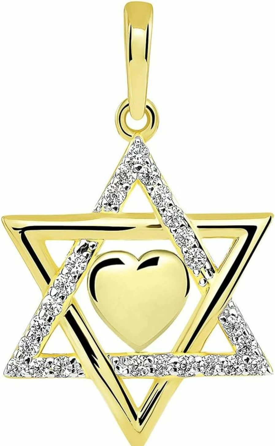 14K Yellow Gold Star of David Pendant with Heart & CZ Accents - Jewelry America