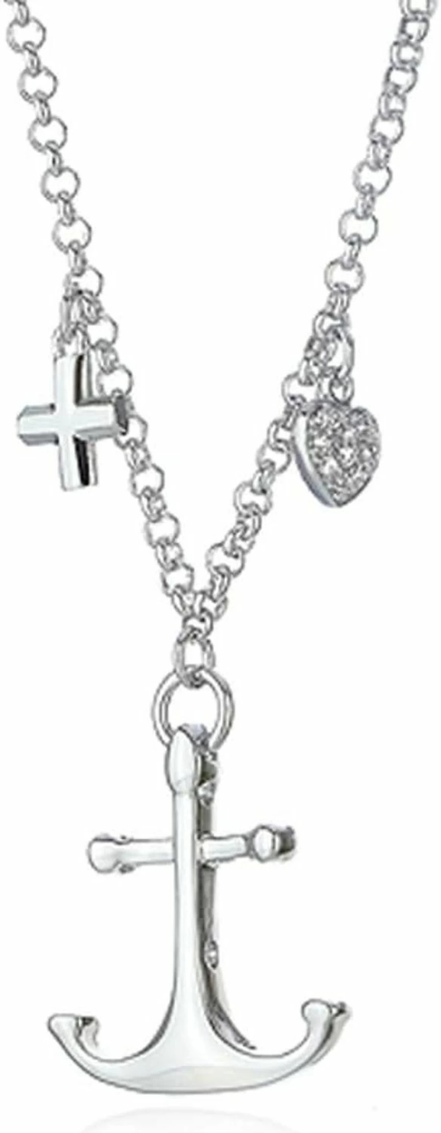 Ashley Jeweller Sterling Silver Anchor, Cross & Heart Pendant Necklace with 18-Inch Rolo Chain