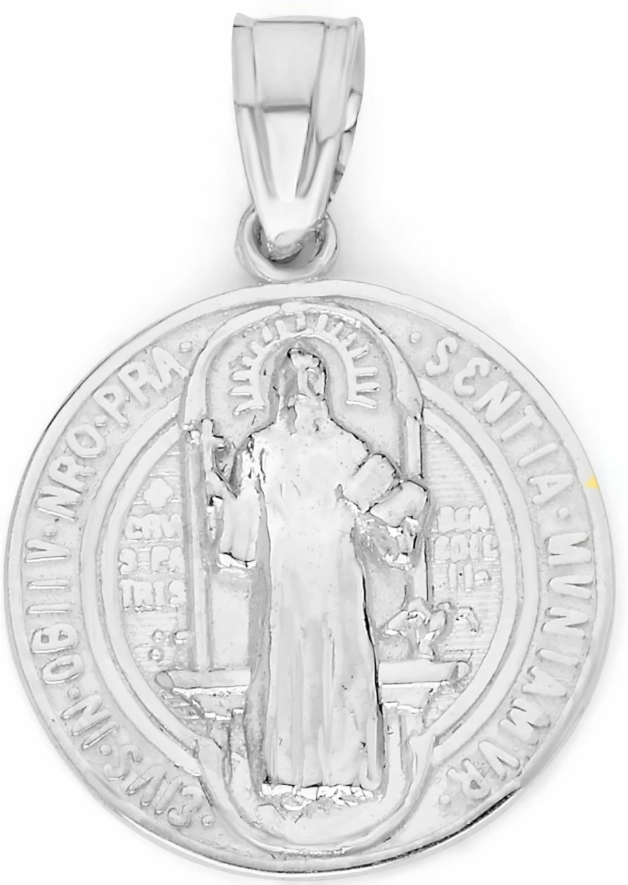 14K Solid White Gold Double Sided Saint Benedict Medal Pendant - Religious Jewelry by Golden Fire