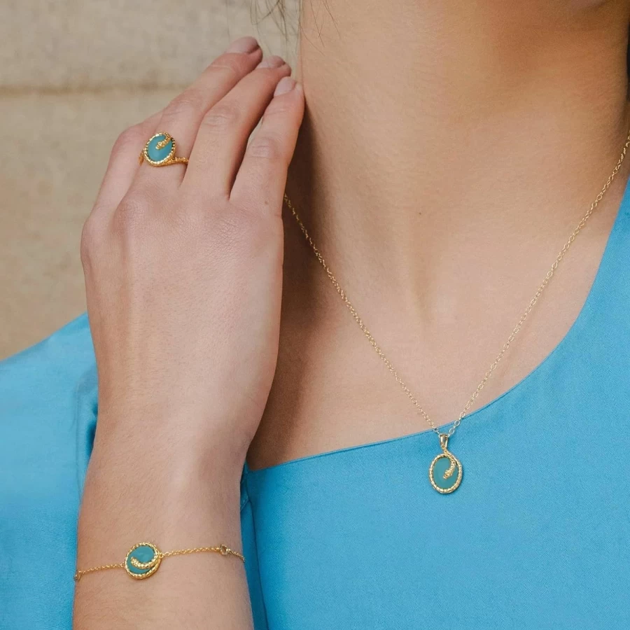 Gemondo 925 Sterling Silver Gold Plated Turquoise Snake Pendant - Oval Winding Design