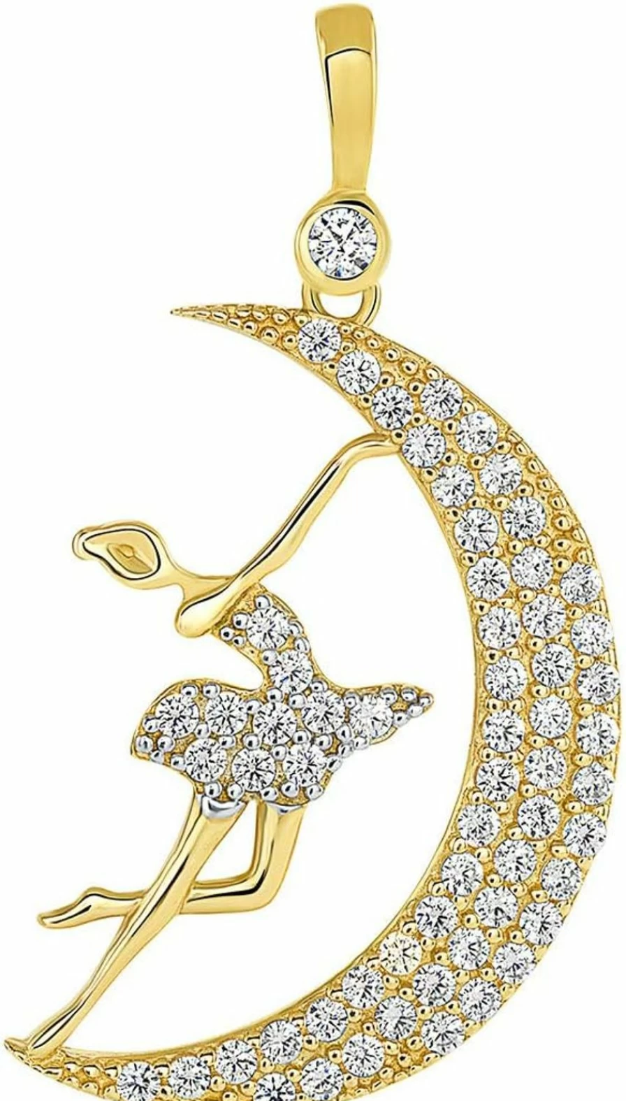 14K Yellow Gold Dancing Ballerina Moon Pendant - Jewelry America Elegant Cz Ballet Dancer Charm Necklace