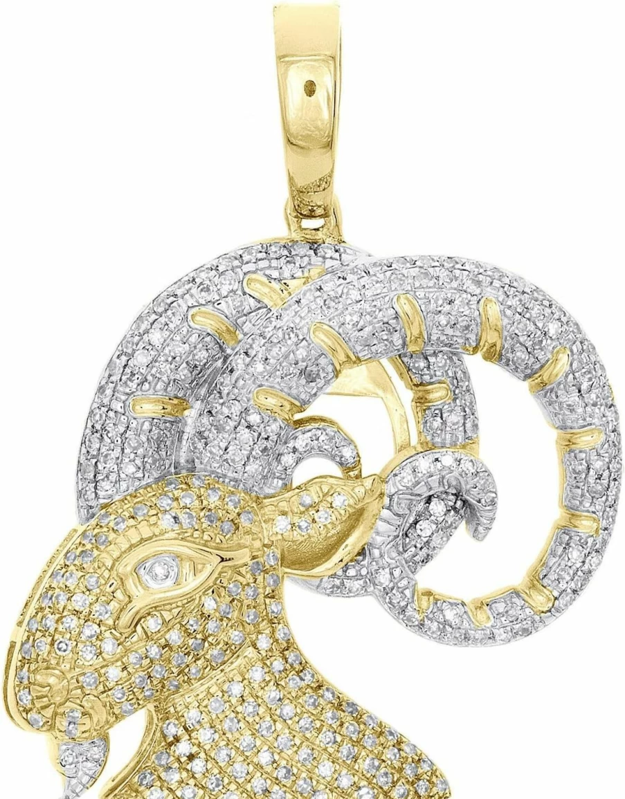 DTJEWELS 10K Yellow Gold Aries Zodiac Pendant with Round Cut Diamonds, 0.57 Ct Pave Setting, 1.30 Inch Horoscope Charm