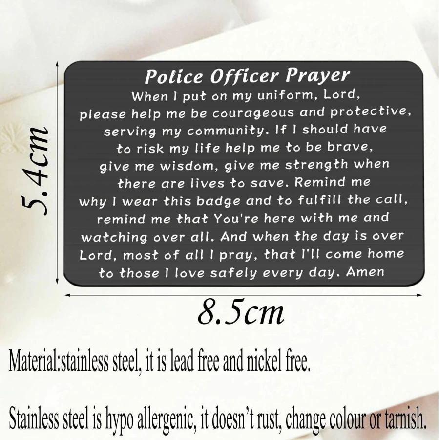Bobauna Thin Blue Line Police Officer Prayer Engraved Wallet Card - Cop Gift for Graduation, Duty & Uniform - Stainless Steel Black Memorial Jewelry