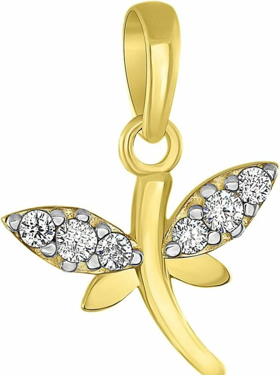 14K Yellow Gold Dragonfly Pendant with Cubic Zirconia - Animal Jewelry America Spiritual Charm