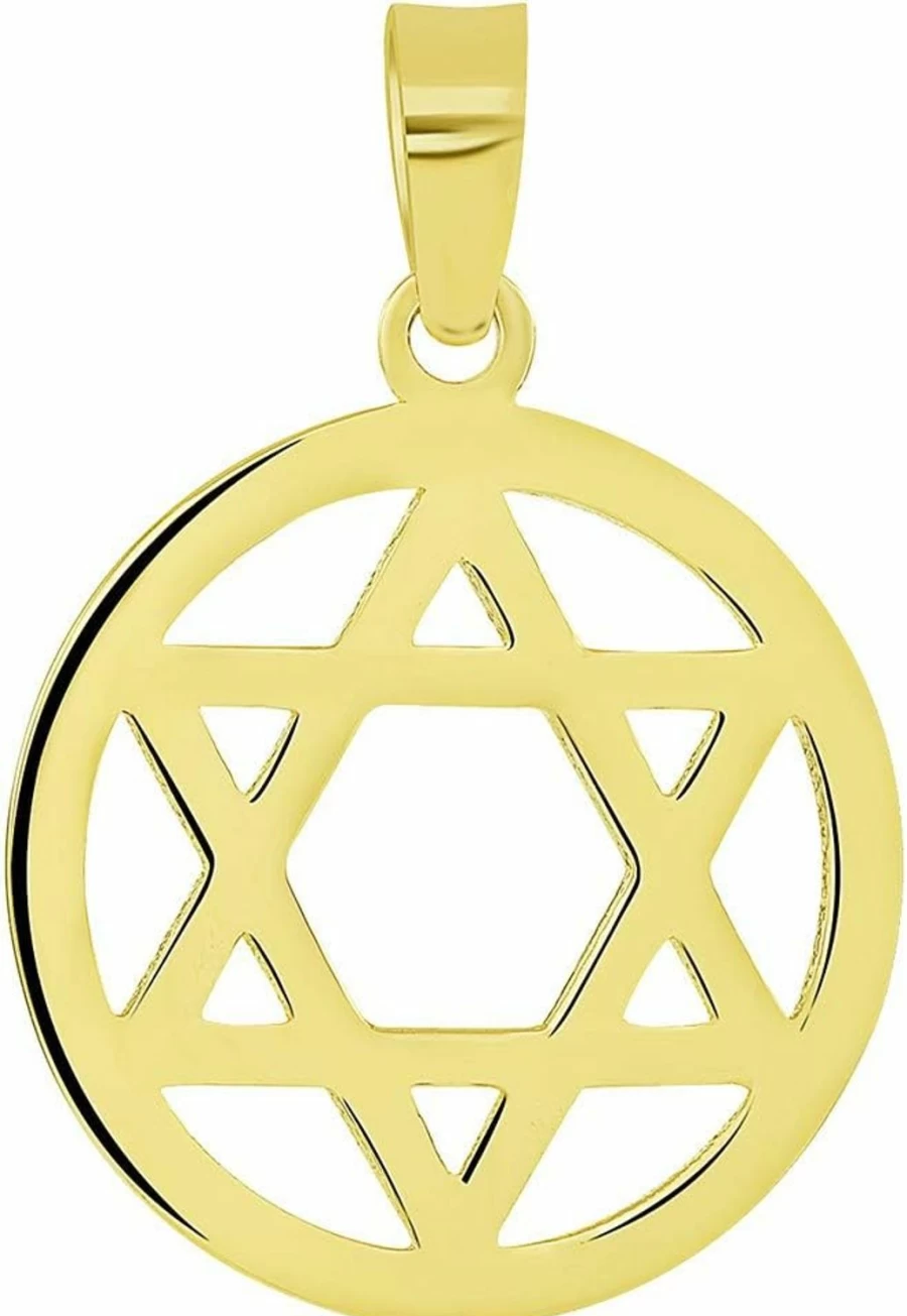 14K Yellow Gold Jewish Star Pendant - Shield of David Round Charm - Jewelry America