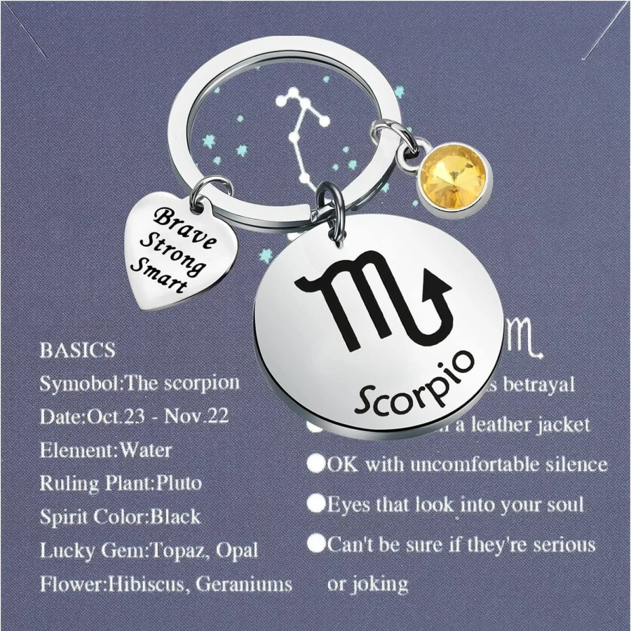 Bobauna Zodiac Keychain with Birthstone - Personalized Horoscope Jewelry Gift for Astrology Lovers