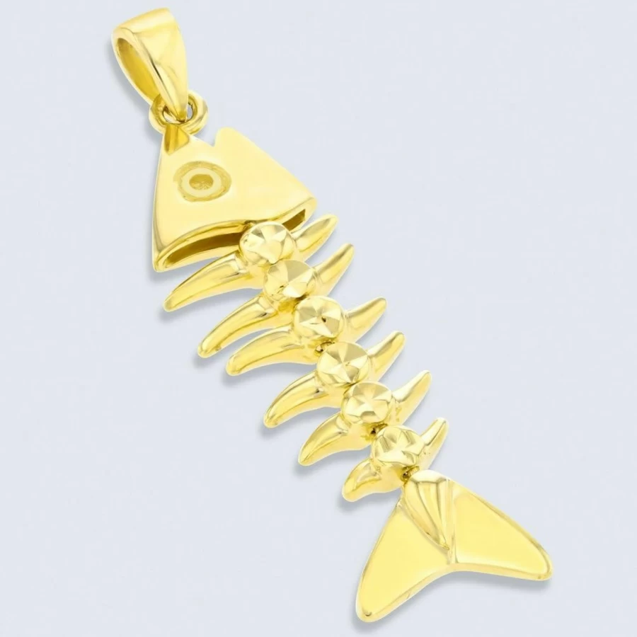 14K Solid Yellow Gold Fishbone Pendant - Jewelry America Dangling Charm Necklace