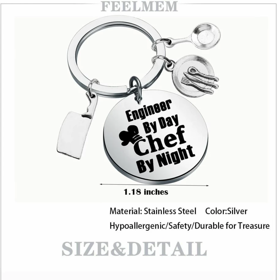 "FEELMEM Funny Chef Keychain - Engineer By Day Chef By Night Culinary Gift for Cooks - Unique Cooking Charms Jewelry for Chefs"