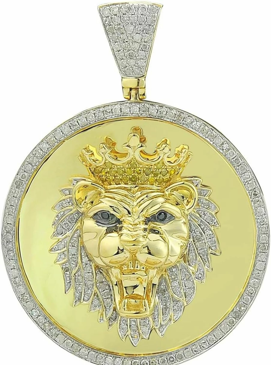TGDJ 10K Yellow Gold Lion King Medallion Pendant with Canary and White Diamonds (0.97Ct, 2 Inches)