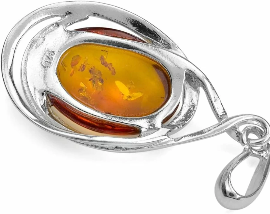 Ian & Valeri Co. Sterling Silver Oval Amber Pendant Necklace - Handcrafted Jewelry