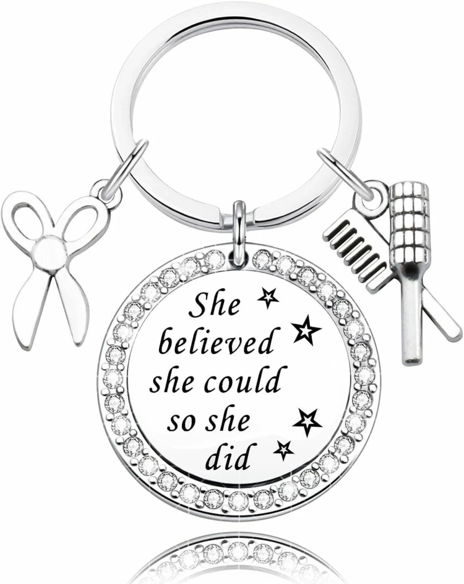 "DINLUNED Scissor Comb Keychain - Inspirational Hairdresser Gift for Cosmetology Graduation, She Believed She Could So She Did Charm"