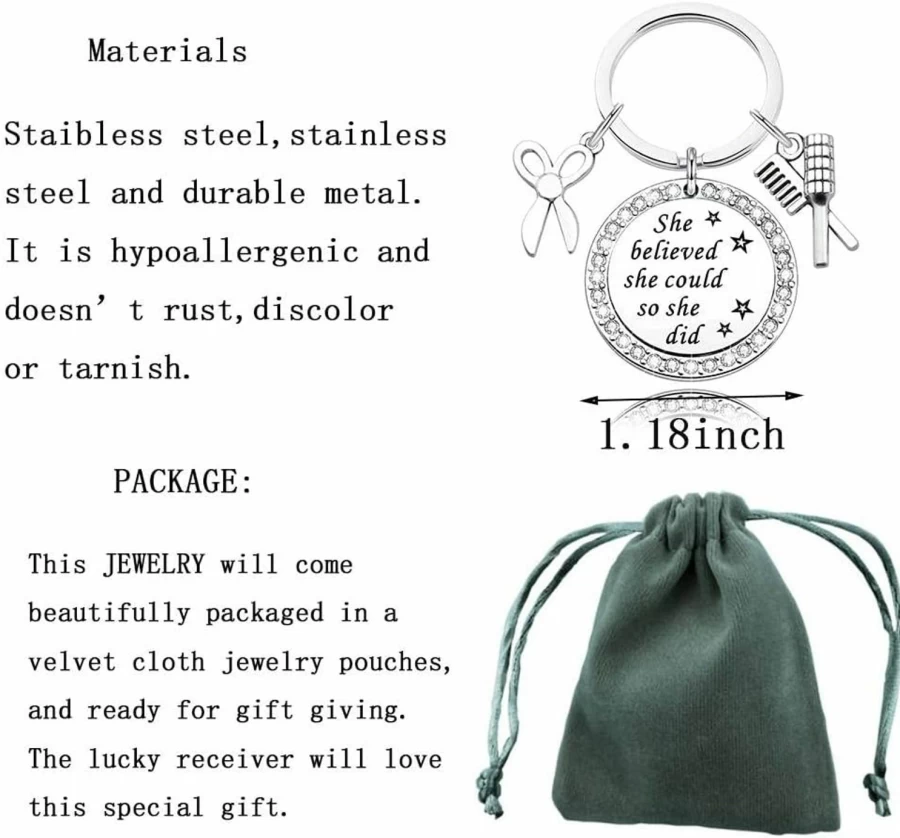 "DINLUNED Scissor Comb Keychain - Inspirational Hairdresser Gift for Cosmetology Graduation, She Believed She Could So She Did Charm"