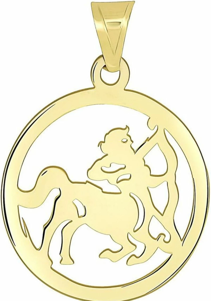 14K Yellow Gold Sagittarius Zodiac Pendant - Dainty Round Cut-Out Disc Necklace | Jewelry America