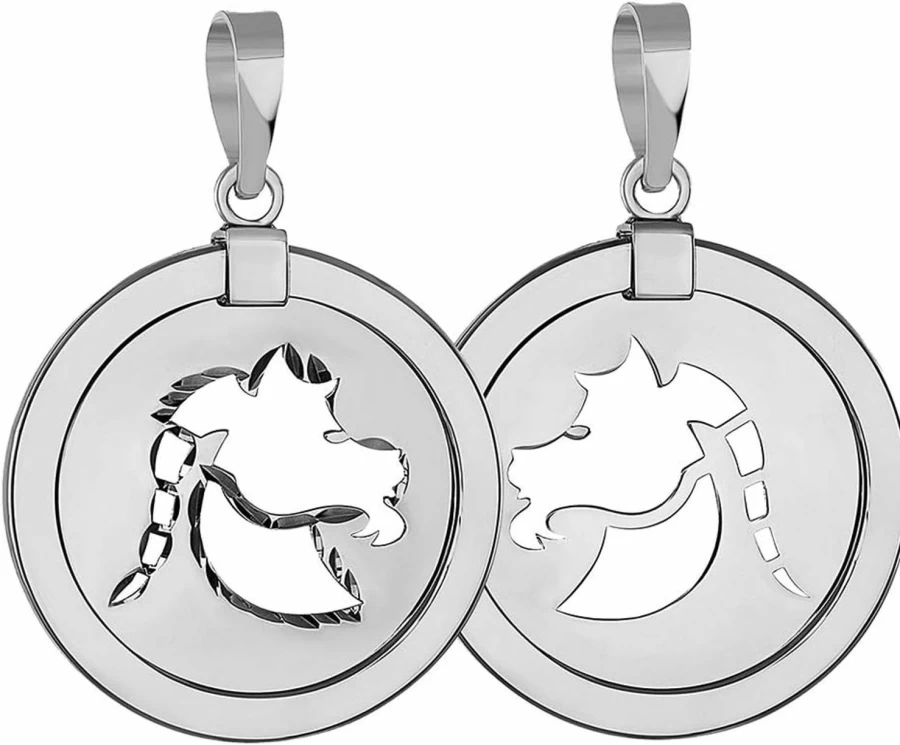 14K White Gold Reversible Zodiac Sign Pendant | Round Zodiac Medal Necklace | Jewelry America