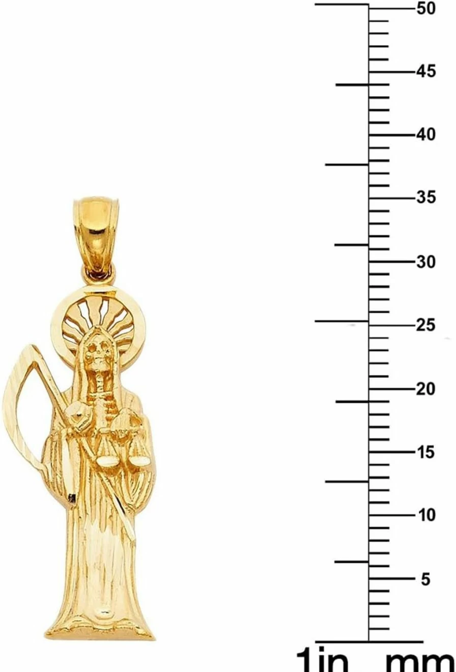 PRECIOUS STARS 14K Yellow Gold Santa Muerte Pendant - Religious Charm Necklace for Women & Men