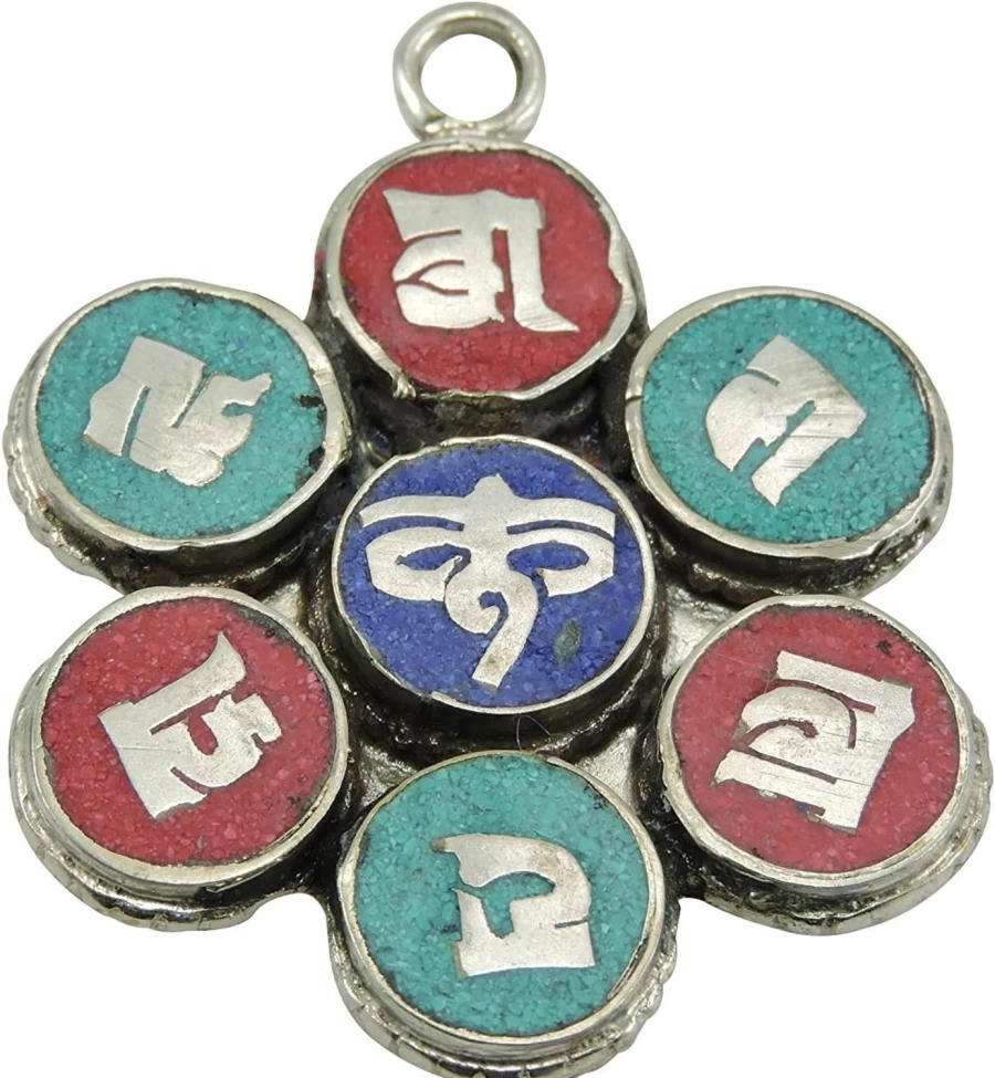 Hands Of Tibet Handmade Om Mani Padme Hum Pendant - Lapis Lazuli, Turquoise, Coral Buddhist Necklace