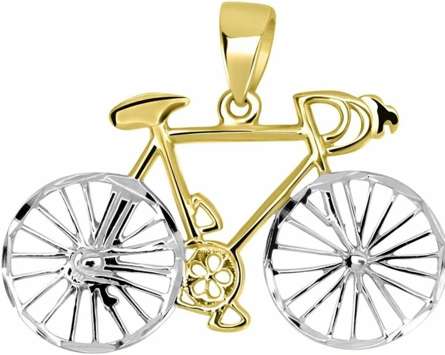 "Jewelry America 14K Yellow Gold Two-Tone Bicycle Pendant with Textured Wheels - Handmade Bike Chain Necklace"