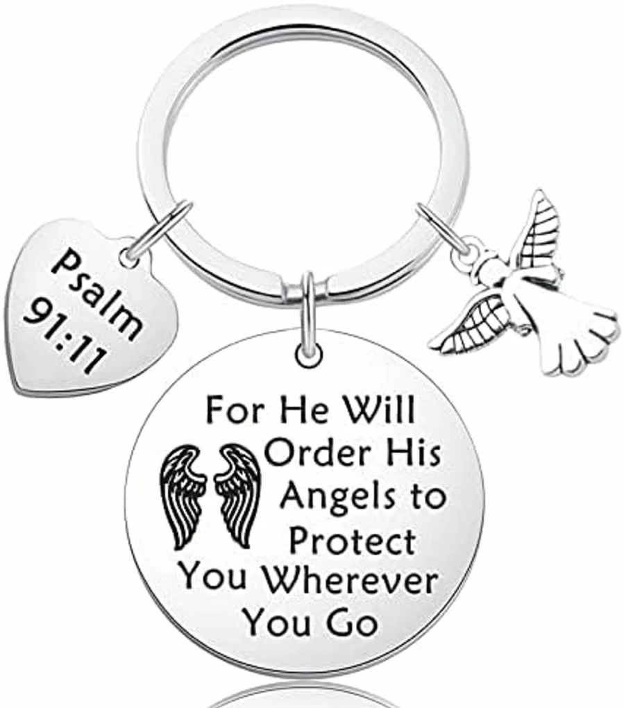 "WFSJRED Bible Verse Keychain - Christian Religious Jewelry Gift with 'He Will Order His Angels to Protect You' Engraving"