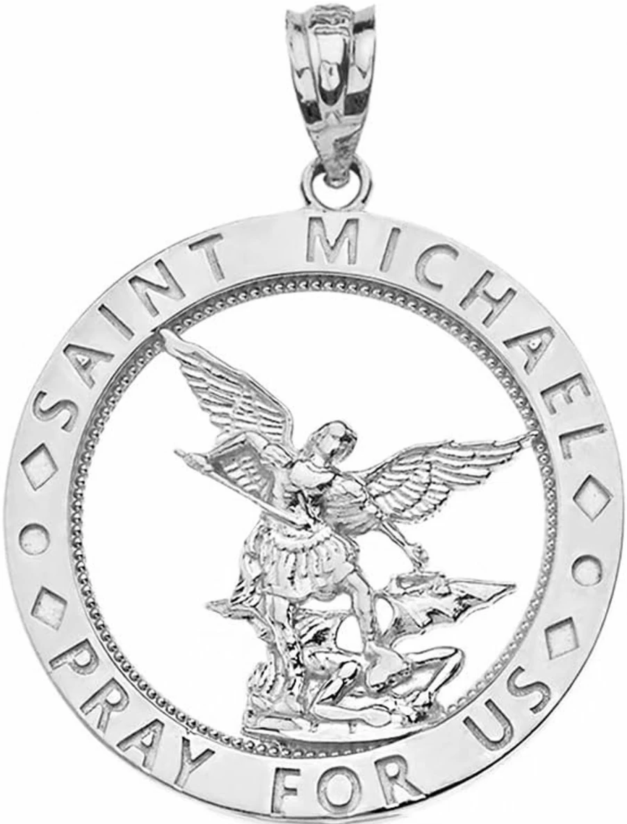 14K Gold Saint Michael Prayer Round Charm Pendant - CaliRose Jewelry Religious Medal