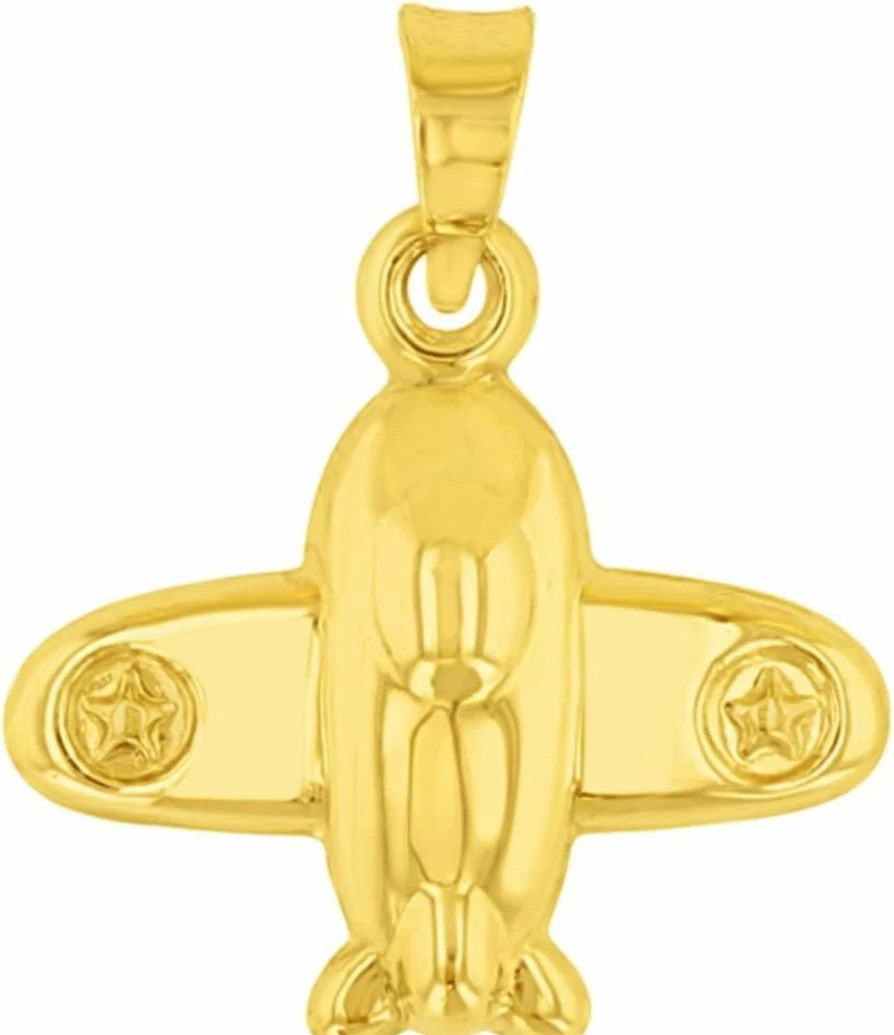 "Jewelry America 14K Yellow Gold 3D Airplane Charm Pendant - High Polish Star Aircraft Ascending Jewelry"