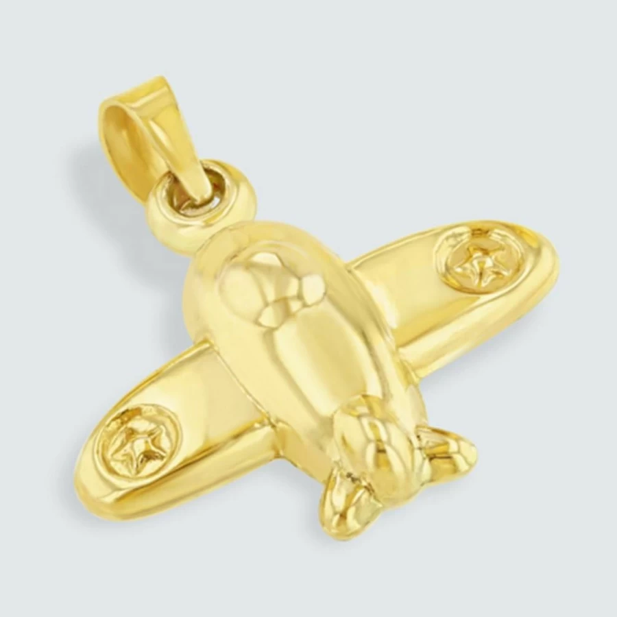 "Jewelry America 14K Yellow Gold 3D Airplane Charm Pendant - High Polish Star Aircraft Ascending Jewelry"