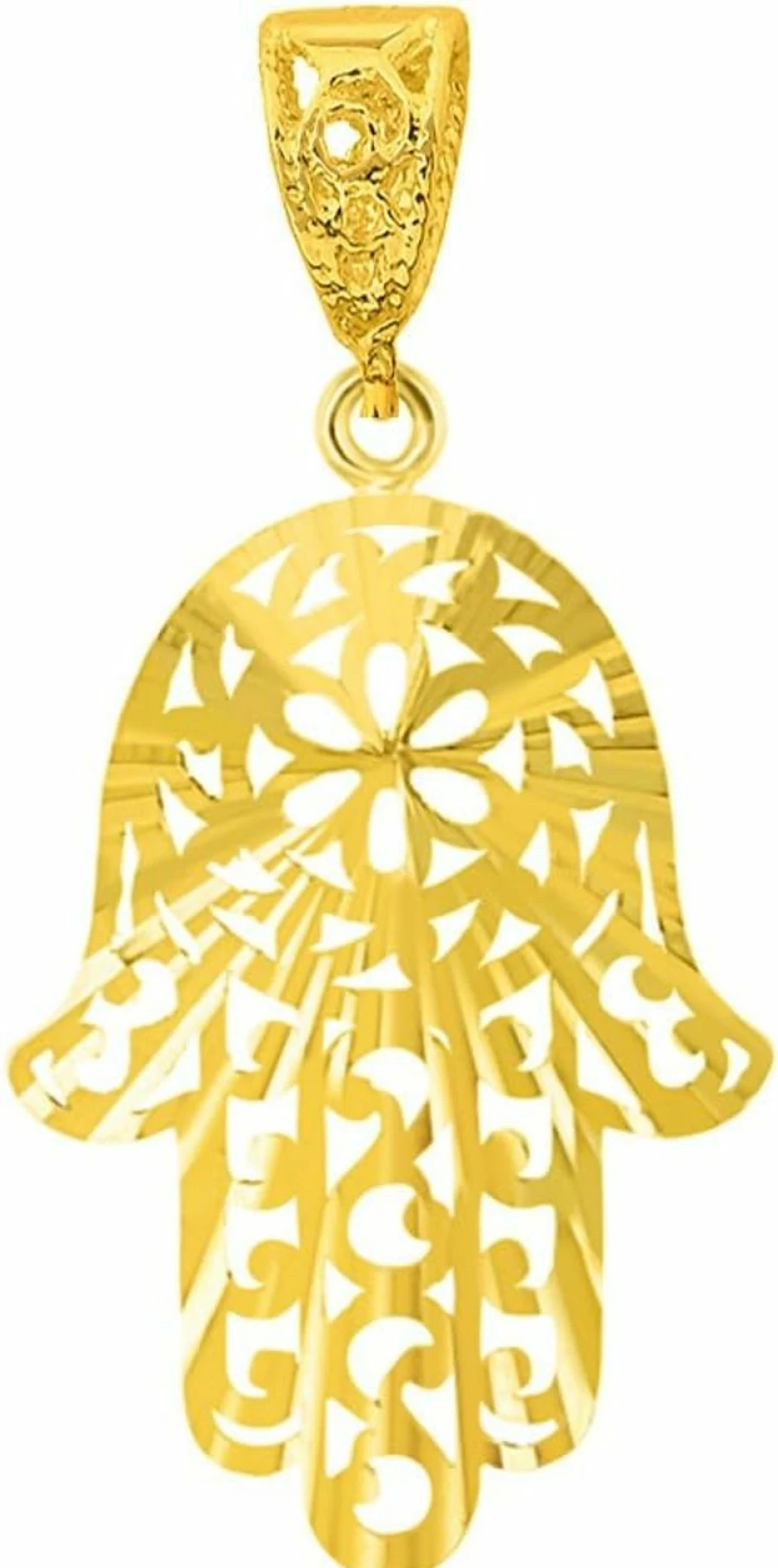 14K Solid Yellow Gold Hamsa Hand Pendant - Jewelry America Textured Filigree Design