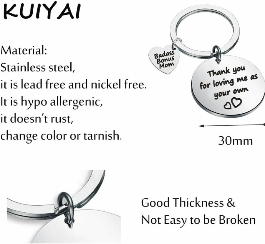 "KUIYAI Step Mom Keychain Gift - Thank You For Loving Me As Your Own, Badass Bonus Mom Present"