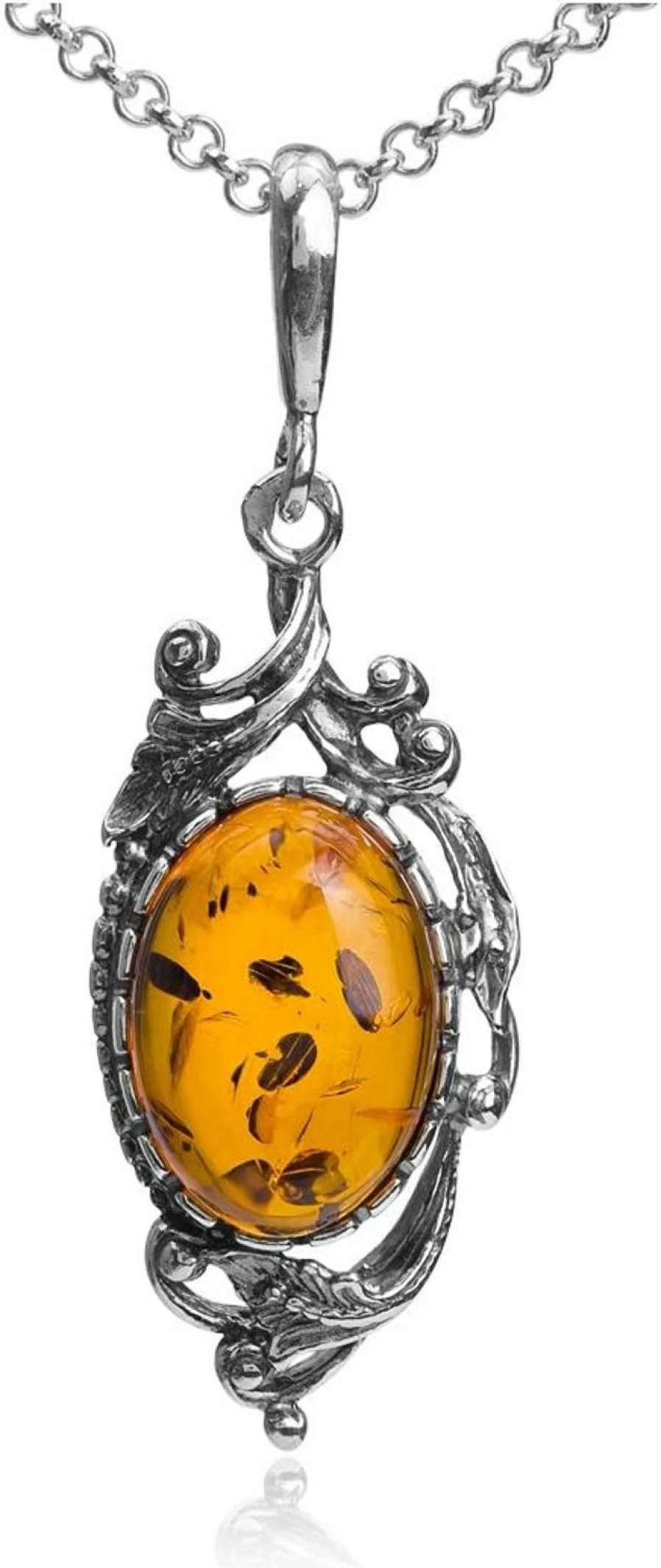 Amber by Graciana Sterling Silver Oval Amber Pendant Necklace - 18 Inch Chain