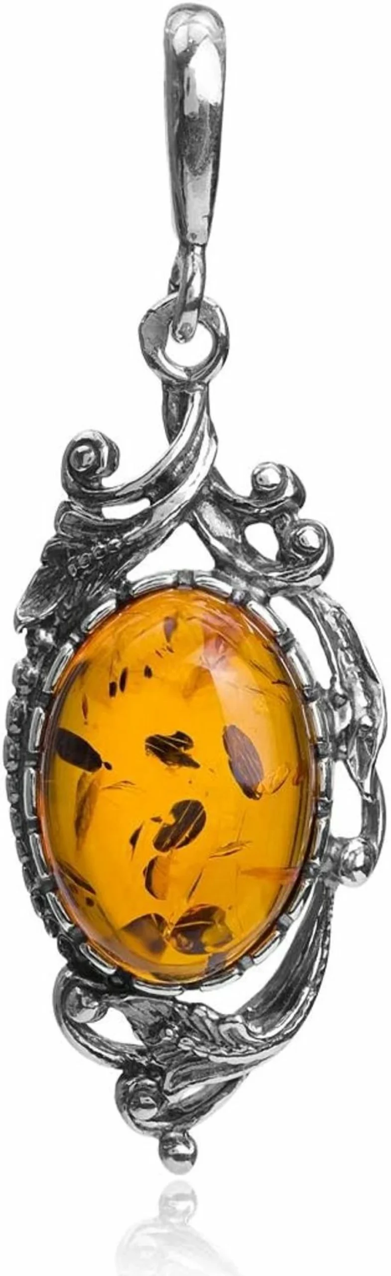Amber by Graciana Sterling Silver Oval Amber Pendant Necklace - 18 Inch Chain