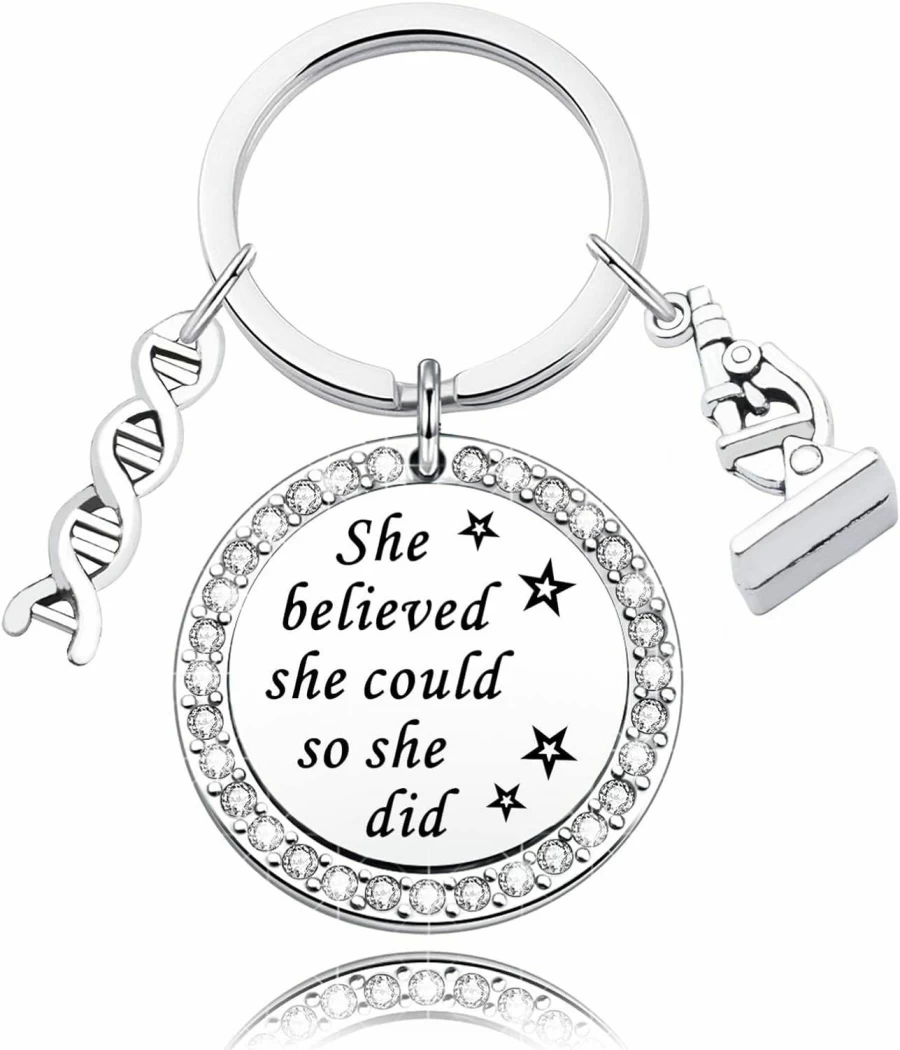 "Science Keychain for Women - Inspirational Scientist Gift 'She Believed She Could So She Did' - Laboratory Technician Jewelry"