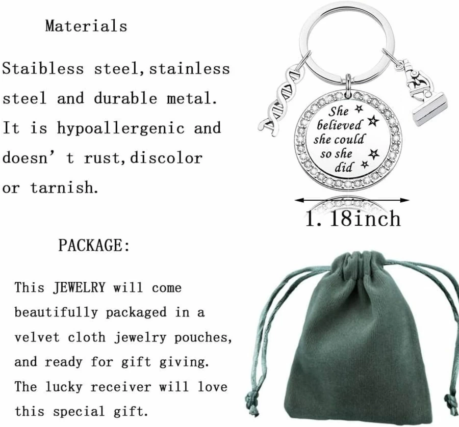 "Science Keychain for Women - Inspirational Scientist Gift 'She Believed She Could So She Did' - Laboratory Technician Jewelry"
