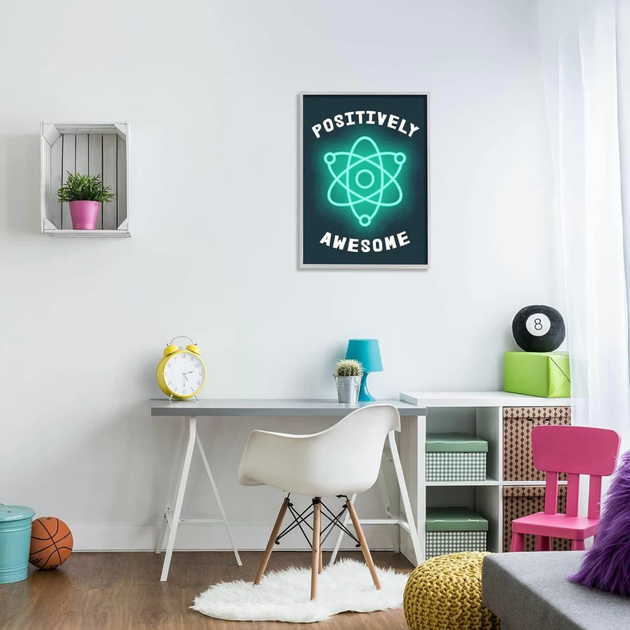 "Stupell Industries Framed Wall Art 24x30 – Science Atom Pun Humor Design by Daphne Polselli, Blue Kids Room Decor"