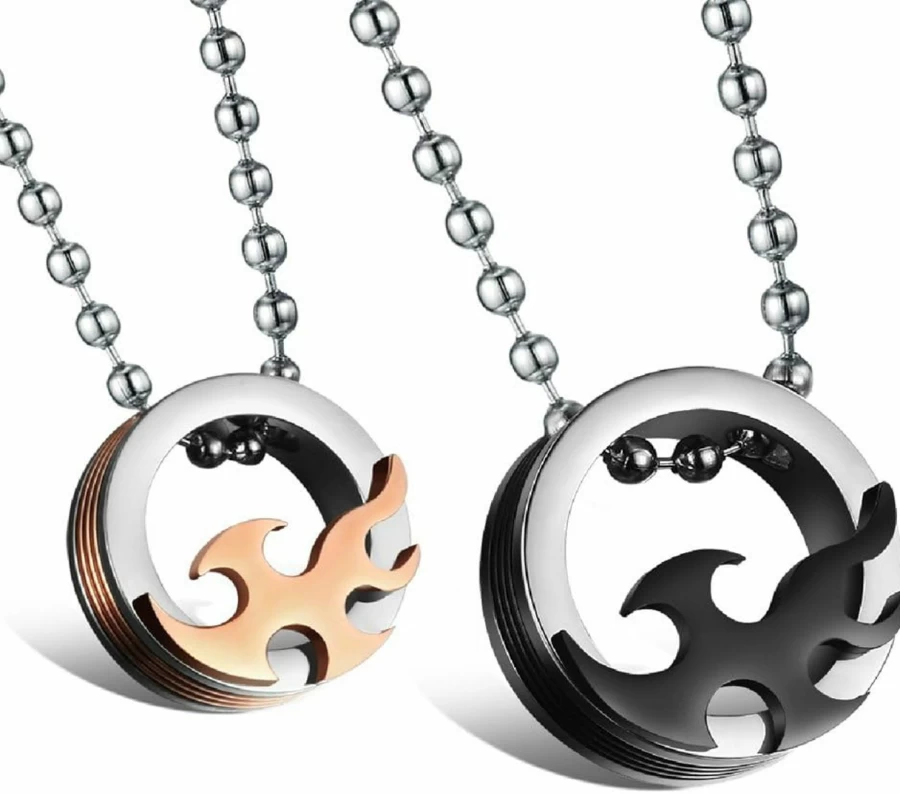 Ashley Jeweller Black Stainless Steel Couple's Pendant Necklace - Passion Fire & Flame Design for Men & Women