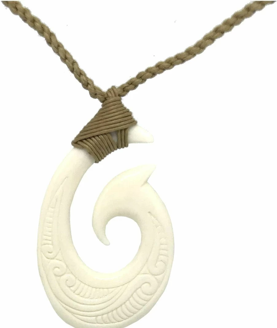 Zero Gravity Hawaii Hawaiian Jewelry - Handcrafted Makao Fish Hook Necklace with White Buffalo Bone, Polynesian Inspired Pendant