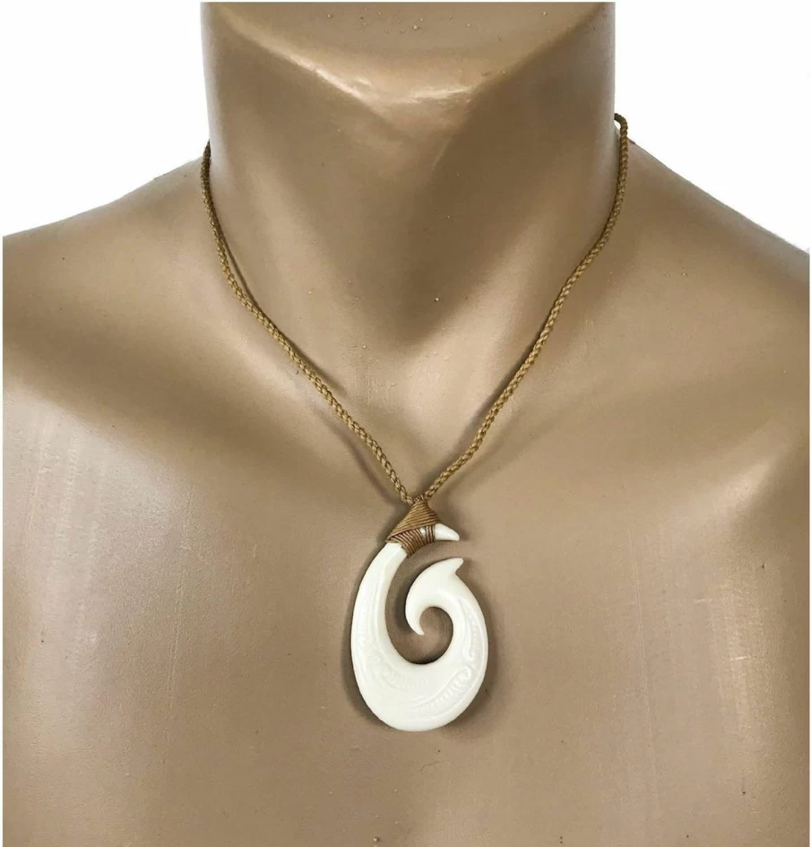 Zero Gravity Hawaii Hawaiian Jewelry - Handcrafted Makao Fish Hook Necklace with White Buffalo Bone, Polynesian Inspired Pendant