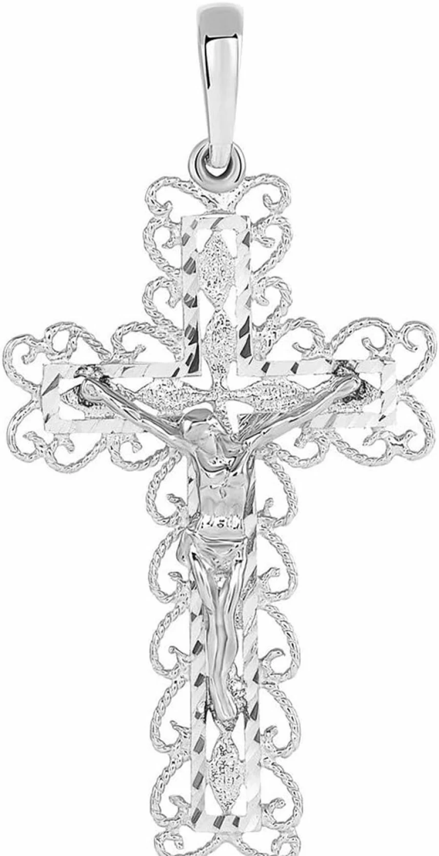 14K White Gold Jesus Crucifix Pendant - Religious Cross Filigree Design - Jewelry America