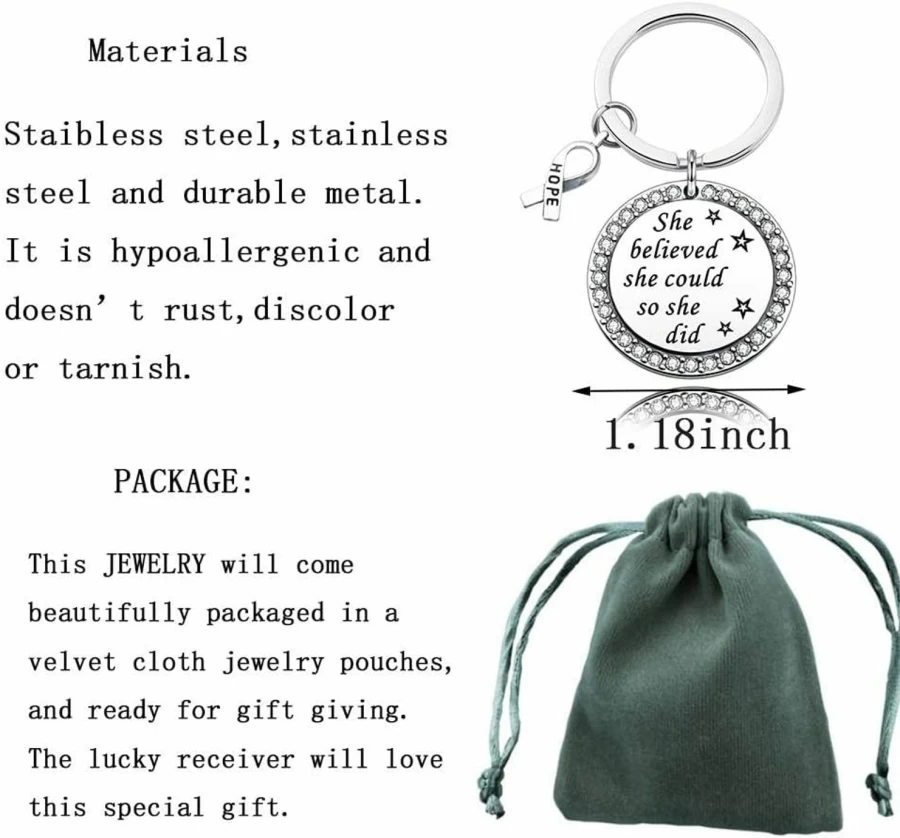 "N/C She Believed She Could So She Did Keychain - Inspirational Cancer Awareness Ribbon Jewelry, Survivor Gift for Women"