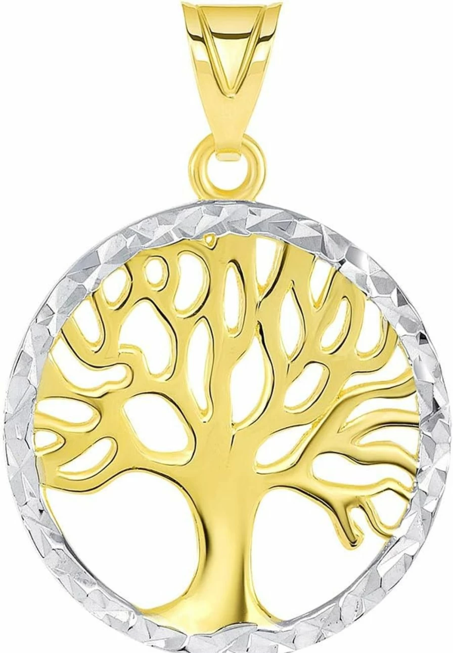 14K Yellow Gold Tree of Life Pendant - Two-Tone Textured Round Medal - Jewelry America