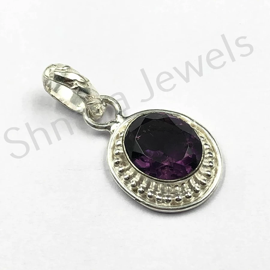 SHNAYA JEWELS Handmade 925 Sterling Silver Unisex Pendant with Natural African Amethyst Gemstone - Vintage Designer Jewelry for Engagement, Mother's Day Gift, 1.20 Inch