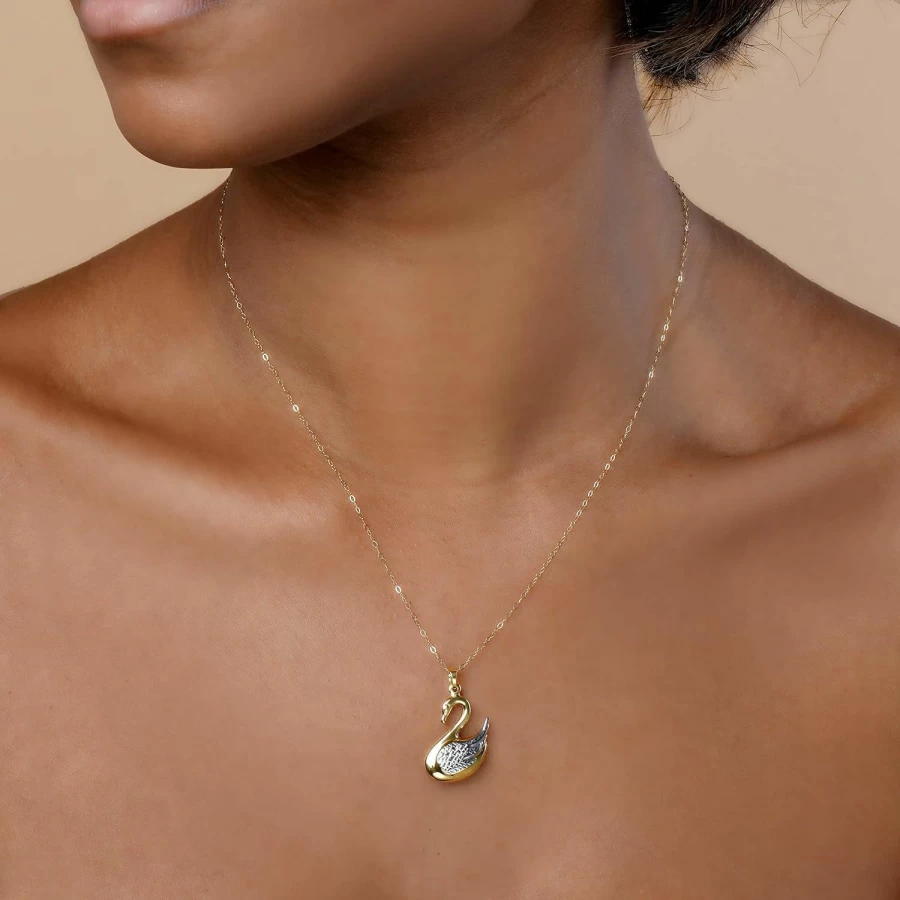 PORI JEWELERS 14K Two-Tone Gold Swan Pendant - Yellow & White Gold Dainty Necklace for Women, Men, Unisex Gift