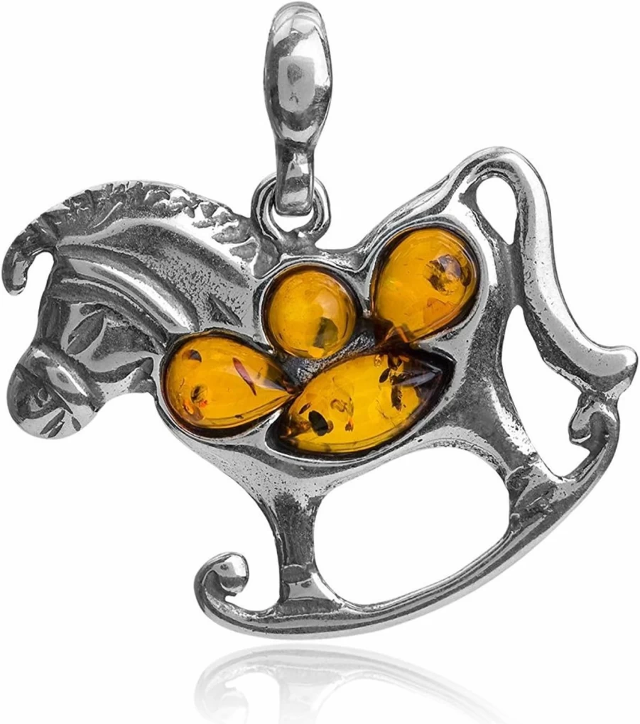 Ian & Valeri Co. Sterling Silver Amber Rocking Horse Pendant Necklace - Handcrafted Jewelry