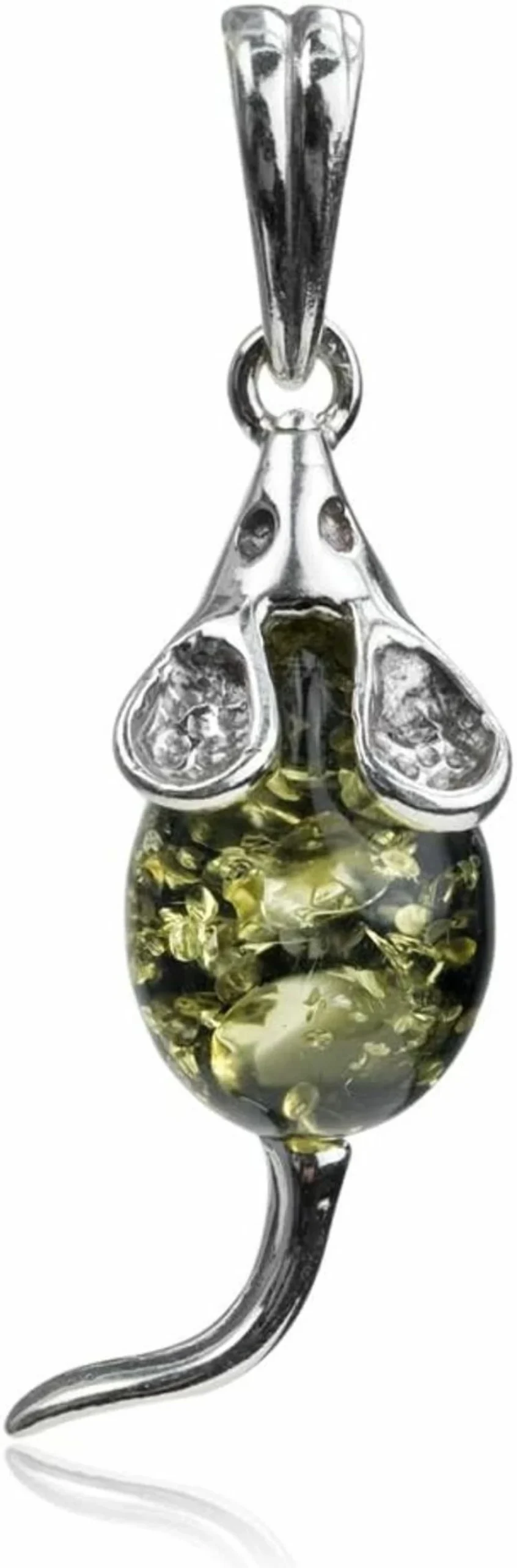"Ian & Valeri Co. Sterling Silver Mouse Pendant with Genuine Green Amber Gemstone"