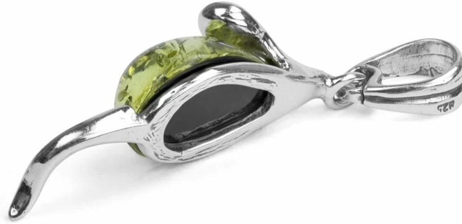 "Ian & Valeri Co. Sterling Silver Mouse Pendant with Genuine Green Amber Gemstone"