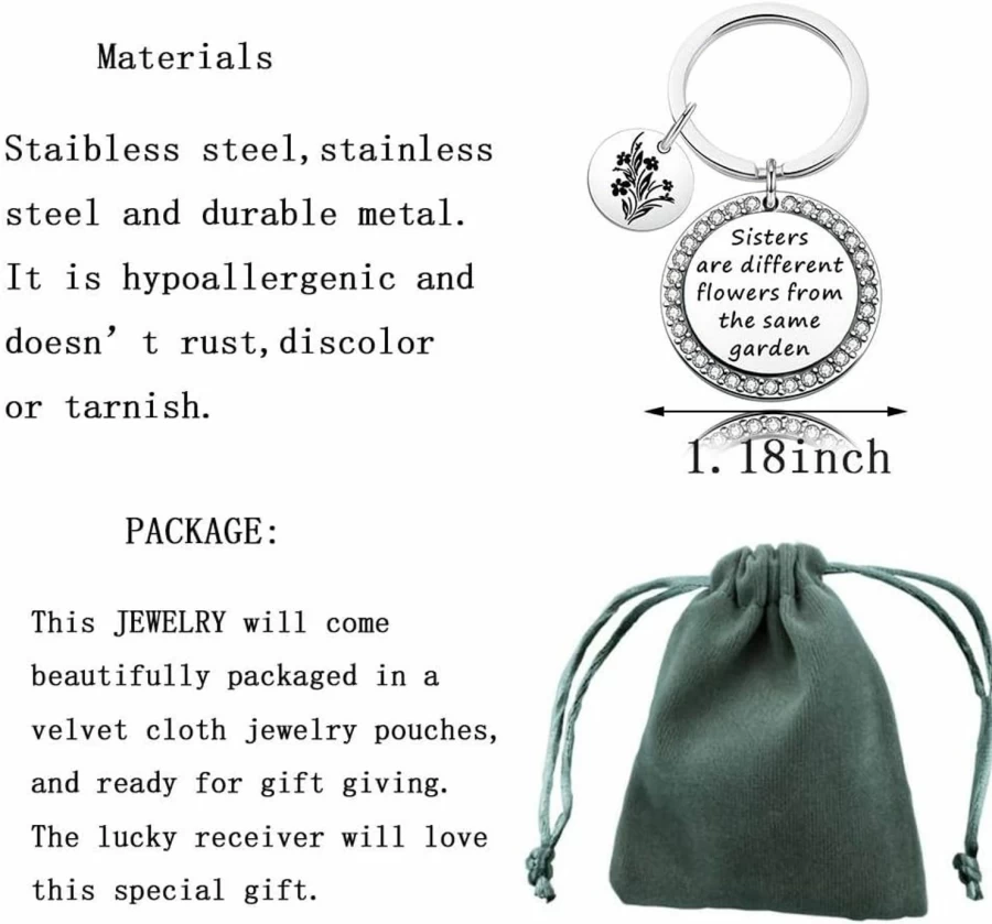N\C Sister Keychain - Unique Floral Design Best Friend Gift, BFF Jewelry for Birthday, Sisters Are Different Flowers From The Same Garden Charm