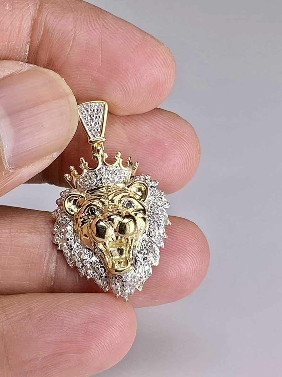 TGDJ 10K Yellow Gold Lion Head Pendant with Diamonds, 35mm x 20mm Solid Gold Lion King Charm, 0.32 Carat G-H Color I1-I2 Clarity Sparkle-Cut Jewelry