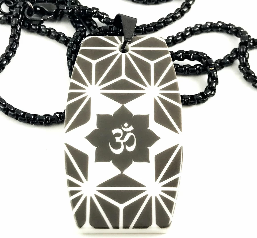Nonesuch Creations Om Geometric Ceramic Pendant Necklace - High Tech Dog Tag Charm with Rounded Box Chain