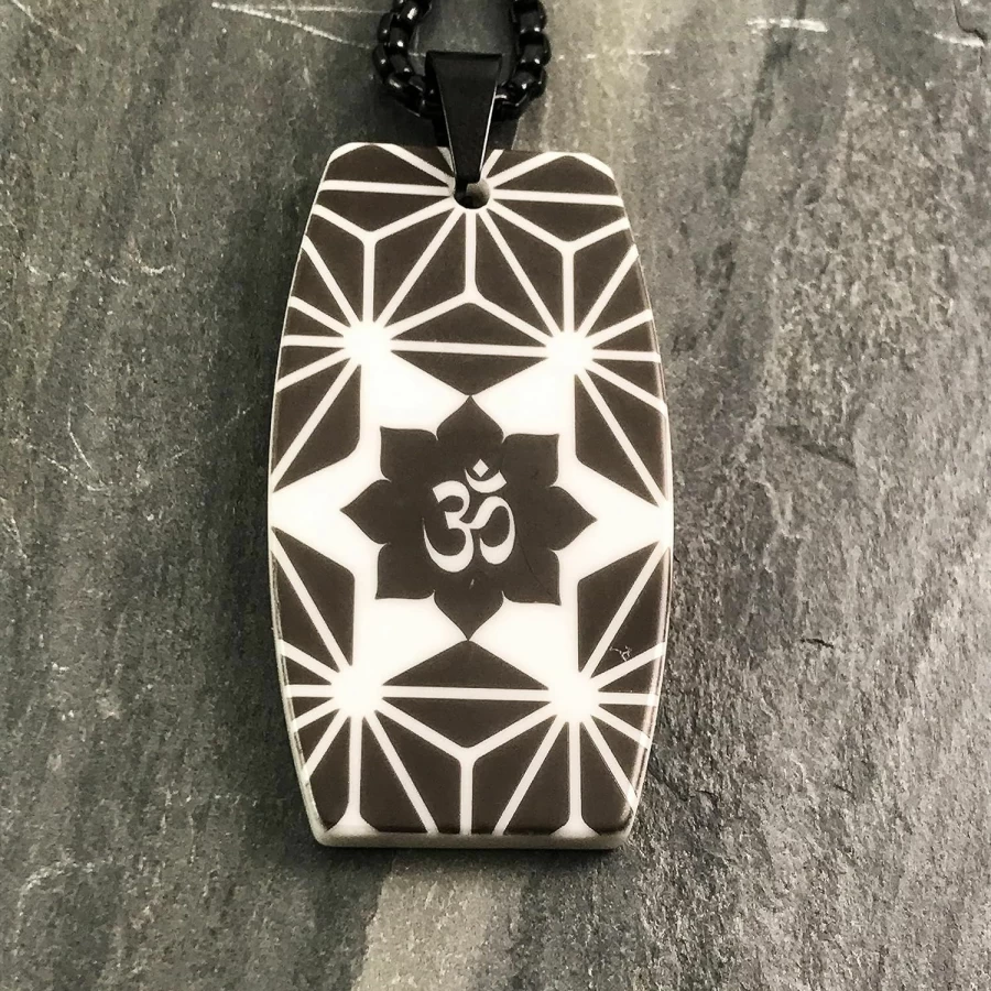 Nonesuch Creations Om Geometric Ceramic Pendant Necklace - High Tech Dog Tag Charm with Rounded Box Chain